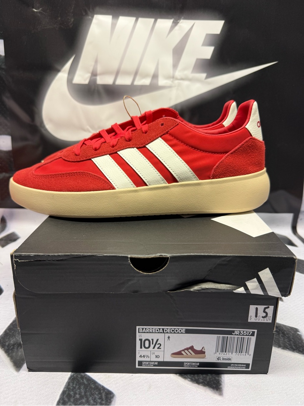 adidas Red Low-Top Sneakers with White Stripes and Cream Sole - Picture 3 of 6